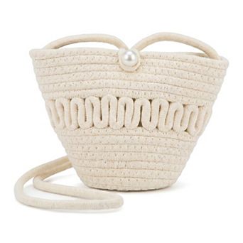 Straw Woven Cross-body Bag for Women Casual Shoulder Handbag with Pearl Detail