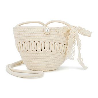 Straw Woven Cross-body Bag for Women Casual Shoulder Handbag with Pearl Detail