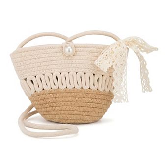 Straw Woven Cross-body Bag for Women Casual Shoulder Handbag with Pearl Detail