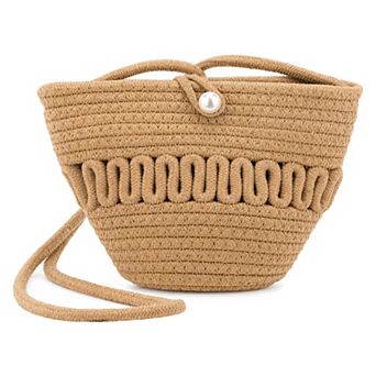 Straw Woven Cross-body Bag for Women Casual Shoulder Handbag with Pearl Detail