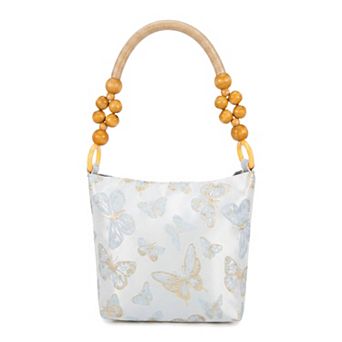 Tote Bags with Butterfly Pattern Fabric and Beaded Wooden Ring Handle