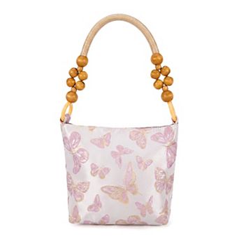 Tote Bags with Butterfly Pattern Fabric and Beaded Wooden Ring Handle