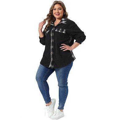 Women's Plus Size Corduroy Shacket Jackets Plaid Collar Long Sleeve Button Down Coats Shirts
