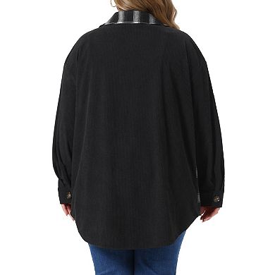 Women's Plus Size Corduroy Shacket Jackets Plaid Collar Long Sleeve Button Down Coats Shirts