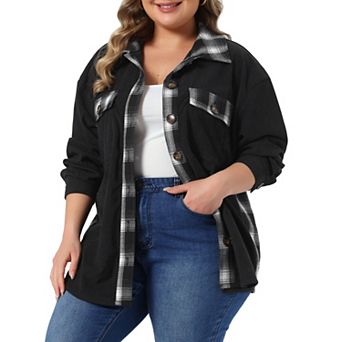 Women's Plus Size Corduroy Shacket Jackets Plaid Collar Long Sleeve Button Down Coats Shirts