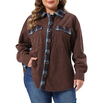 Women's Plus Size Corduroy Shacket Jackets Plaid Collar Long Sleeve Button Down Coats Shirts