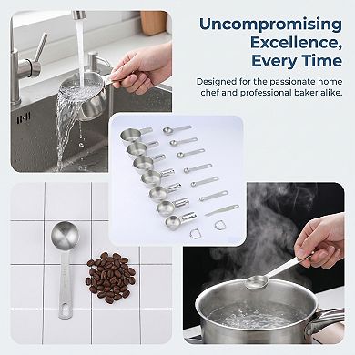 14Pcs Durable Stainless Steel Measuring Cups and Spoons, Stackable with Engraved Markings
