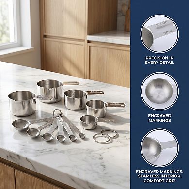 11Pcs Durable Stainless Steel Measuring Cups and Spoons, Stackable with Engraved Markings
