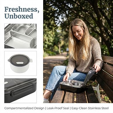 12"x9.8"x3.9" 5-Compartment Leak-Proof Bento Box with Soup Bowl for Work Travel