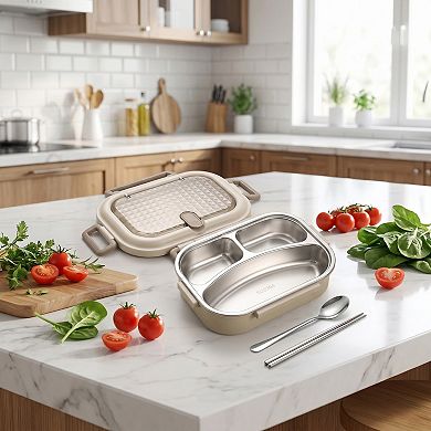 8.7"x5.5"x2.8" 3-Compartment Leak-Proof 304 SS Bento Box for Work Travel