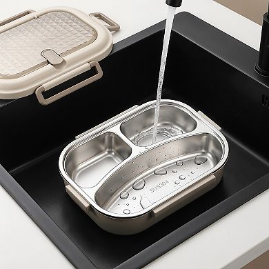 8.7"x5.5"x2.8" 3-Compartment Leak-Proof 304 SS Bento Box for Work Travel
