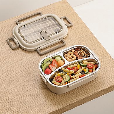 8.7"x5.5"x2.8" 3-Compartment Leak-Proof 304 SS Bento Box for Work Travel