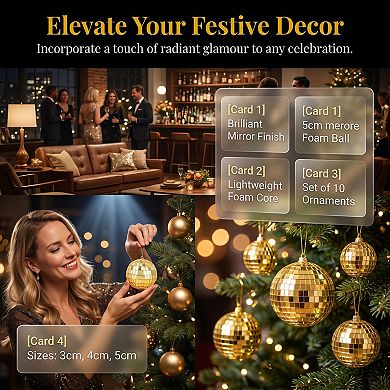 1.6" Mirror Disco Balls, 10 Pcs Hanging Solid Foam Orbs, Glass Reflective Decor for Party, Wreath