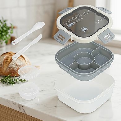Bento Box Lunch Box, 1200ml Leak-Proof Meal Prep Container with Built-in Utensils 7.3x7.3x3.2 inch