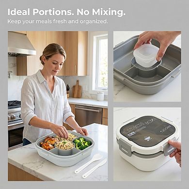 Bento Box Lunch Box, 1200ml Leak-Proof Meal Prep Container with Built-in Utensils 7.3x7.3x3.2 inch