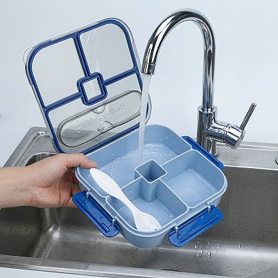 Lunch Box Square Split Compartment Meal Container with Built-in Cutlery Slot 7.7x7.7x2 inch