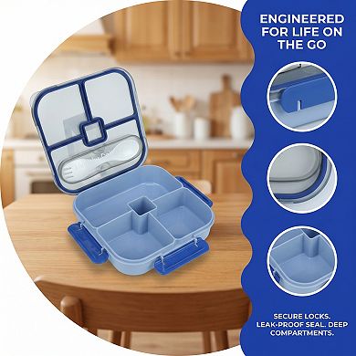 Lunch Box Square Split Compartment Meal Container with Built-in Cutlery Slot 7.7x7.7x2 inch