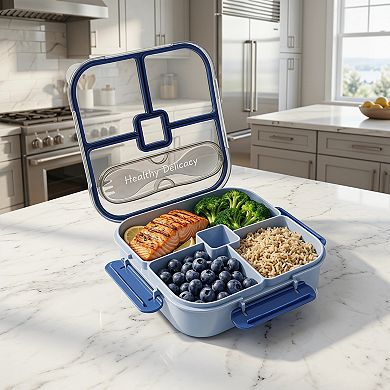 Lunch Box Square Split Compartment Meal Container with Built-in Cutlery Slot 7.7x7.7x2 inch