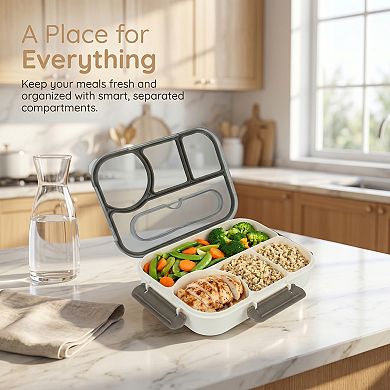 9.1"x6.8"x2" Square Split Compartment Bento Box with Built-in Cutlery Slot for Work Travel