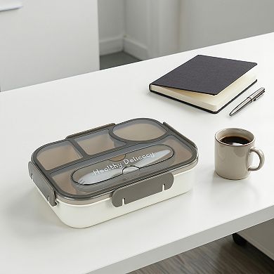 9.1"x6.8"x2" Square Split Compartment Bento Box with Built-in Cutlery Slot for Work Travel