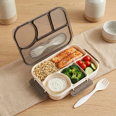 9.1"x6.8"x2" Square Split Compartment Bento Box with Built-in Cutlery Slot for Work Travel