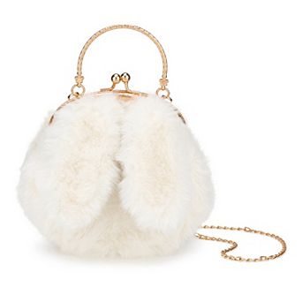 Plush Bunny Ear Cross-body Bag for Women Cute Handbag with Removable Chain Strap Kiss Lock