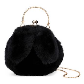 Plush Bunny Ear Cross-body Bag for Women Cute Handbag with Removable Chain Strap Kiss Lock