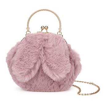 Plush Bunny Ear Cross-body Bag for Women Cute Handbag with Removable Chain Strap Kiss Lock