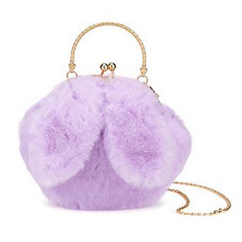 Plush Bunny Ear Cross-body Bag for Women Cute Handbag with Removable Chain Strap Kiss Lock