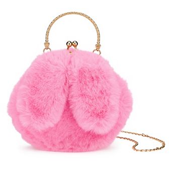 Plush Bunny Ear Cross-body Bag for Women Cute Handbag with Removable Chain Strap Kiss Lock