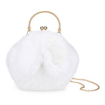 Plush Bunny Ear Cross-body Bag for Women Cute Handbag with Removable Chain Strap Kiss Lock