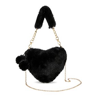 Heart Shaped Plush Shoulder Handbag for Women Fuzzy Crossbody Bag with Removable Chain Strap