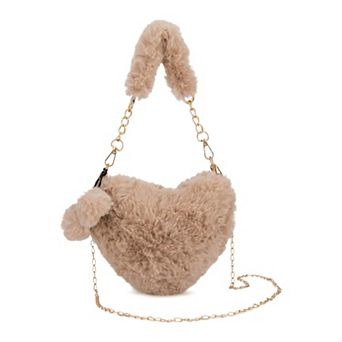 Heart Shaped Plush Shoulder Handbag for Women Fuzzy Crossbody Bag with Removable Chain Strap