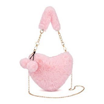 Heart Shaped Plush Shoulder Handbag for Women Fuzzy Crossbody Bag with Removable Chain Strap