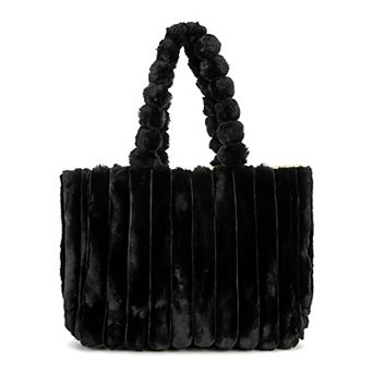 Plush Furry Shoulder Tote Bag for Women Soft Fluffy Handbag with Pom-Pom Handle