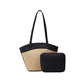 Casual Straw Woven Shoulder Bags for Women with Matching Zipper Pouch and Top Handles