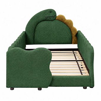 GOODSILO Twin Size Dinosaur Shaped Upholstered Kids Bed with Guardrails and Wood Slat Support
