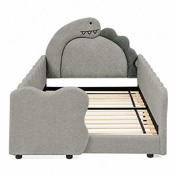 GOODSILO Twin Size Dinosaur Shaped Upholstered Kids Bed with Guardrails and Wood Slat Support