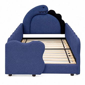 GOODSILO Twin Size Dinosaur Shaped Upholstered Kids Bed with Guardrails and Wood Slat Support