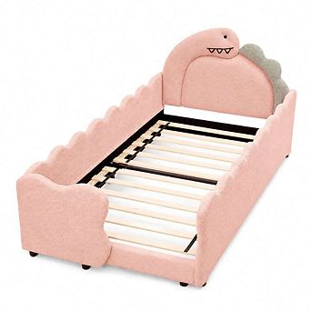 GOODSILO Twin Size Dinosaur Shaped Upholstered Kids Bed with Guardrails and Wood Slat Support