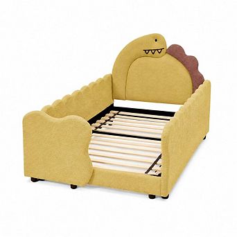 GOODSILO Twin Size Dinosaur Shaped Upholstered Kids Bed with Guardrails and Wood Slat Support