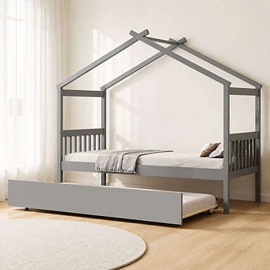 GOODSILO Twin Size Wooden House Bed with Trundle