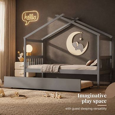 GOODSILO Twin Size Wooden House Bed with Trundle