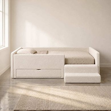 GOODSILO Twin Size Kids Upholstered Bed with Guardrails, Storage Drawer and Step Stool