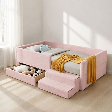 GOODSILO Twin Size Kids Upholstered Bed with Guardrails, Storage Drawer and Step Stool
