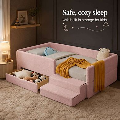 GOODSILO Twin Size Kids Upholstered Bed with Guardrails, Storage Drawer and Step Stool