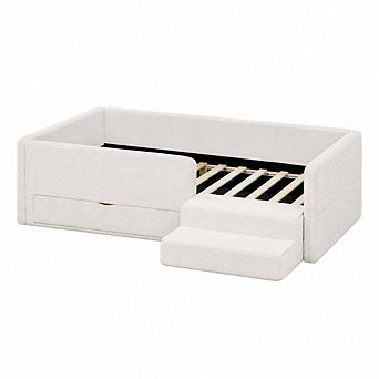 GOODSILO Twin Size Kids Upholstered Bed with Guardrails, Storage Drawer and Step Stool