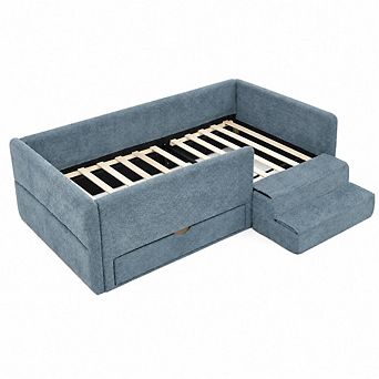 GOODSILO Twin Size Kids Upholstered Bed with Guardrails, Storage Drawer and Step Stool