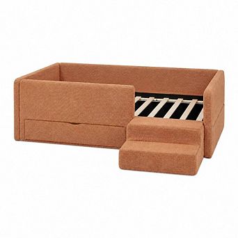 GOODSILO Twin Size Kids Upholstered Bed with Guardrails, Storage Drawer and Step Stool
