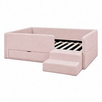 GOODSILO Twin Size Kids Upholstered Bed with Guardrails, Storage Drawer and Step Stool